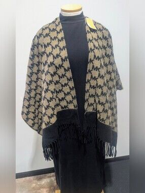 Michael Kors Tan and Black Logo Fringe Poncho